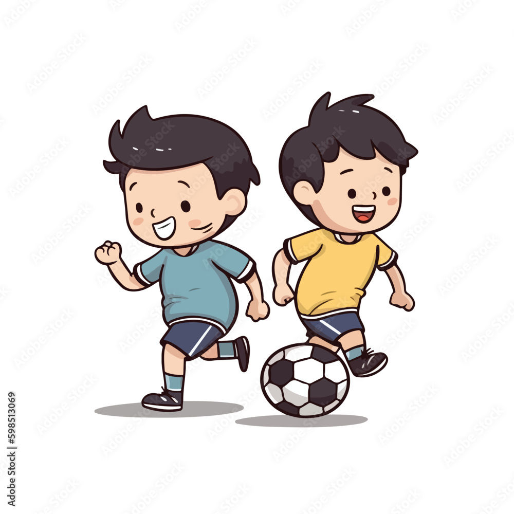 Cute happy little boy playing football soccer cartoon flat character vector illustration Cute happy little boy playing football soccer cartoon flat character vector illustration