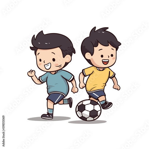 Cute happy little boy playing football soccer cartoon flat character vector illustration