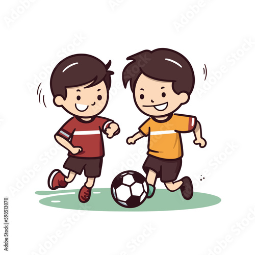 Cute happy little boy playing football soccer cartoon flat character vector illustration