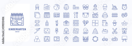 A collection sheet of outline icons for Kindergarten School, including icons like Baby Chair, Baby Food, Ball, Bid,  and more