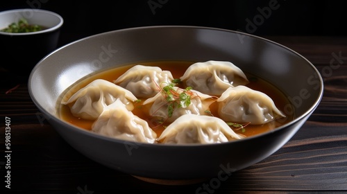 dumplings with savory broth in a white bowl