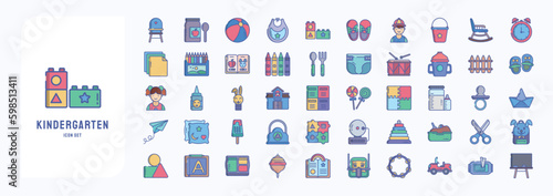 A collection sheet of linear color icons for Kindergarten School, including icons like Baby Chair, Baby Food, Ball, Bid,  and more
