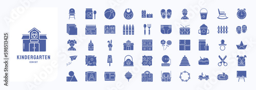 A collection sheet of solid icons for Kindergarten School, including icons like Baby Chair, Baby Food, Ball, Bid,  and more