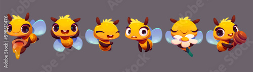 Cute bee emotion expression mascot vector. Cartoon isolated happy and funny character with yummy honey, stick and white flower set. Collection of adorable little honeybee insect icon with wings