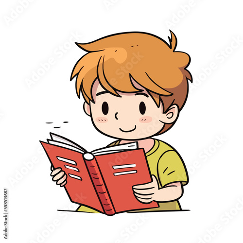 Cute little smart boy sitting and reading book cartoon flat character vector illustration