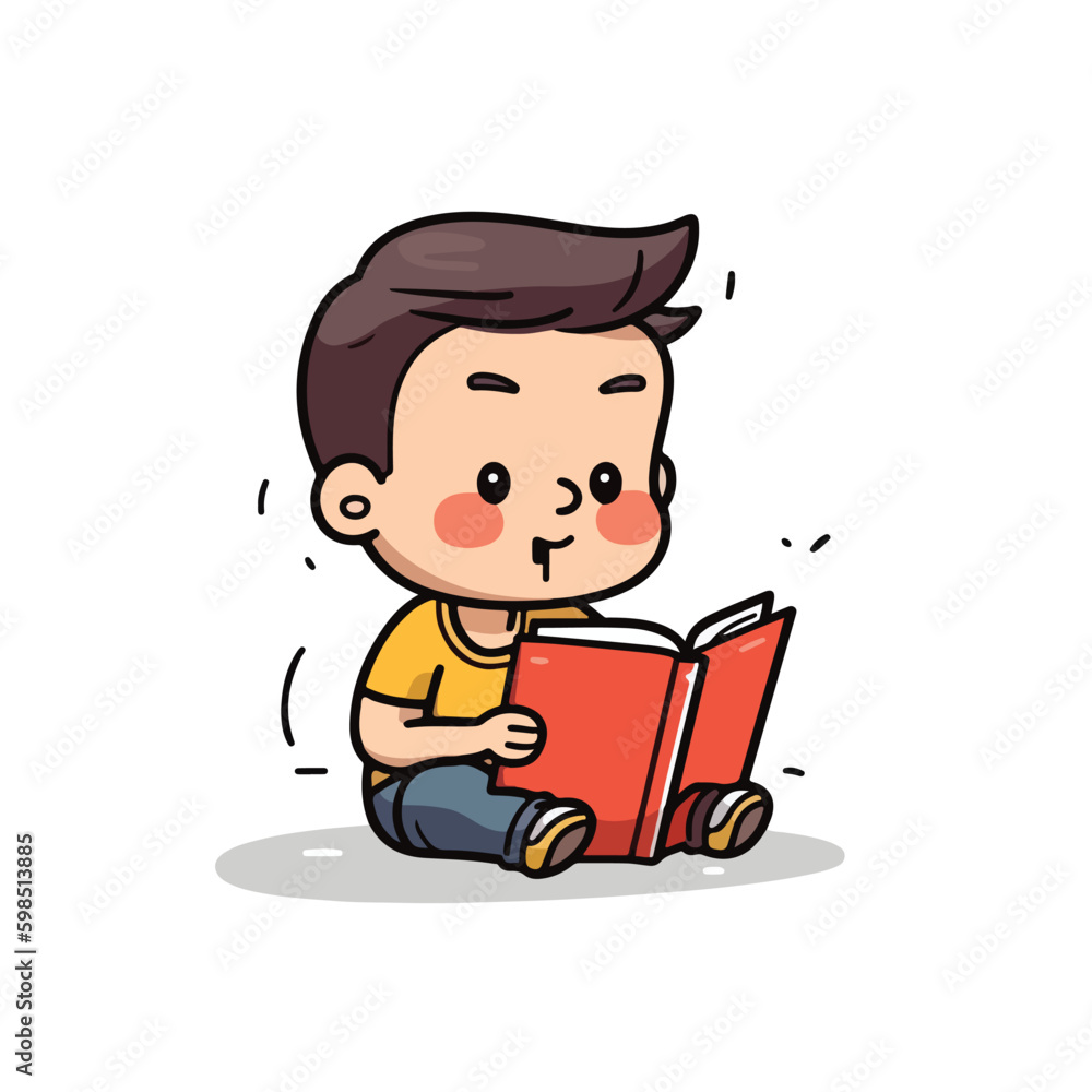 Cute little smart boy sitting and reading book cartoon flat character vector illustration Cute little smart boy sitting and reading book cartoon flat character vector illustration