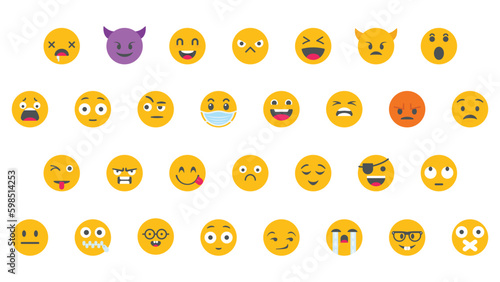 Emoji round faces with different facial expressions collection set