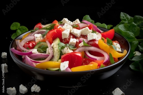 Greek salad with colorful bell peppers, red onions, cherry tomatoes, and crumbled feta cheese