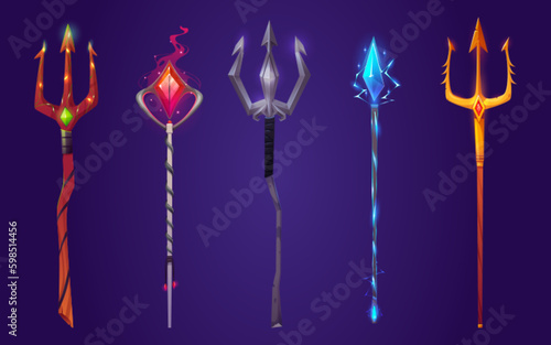 Cartoon set of magic tridents isolated on background. Vector illustration of fantasy symbol of sea king, demon, mermaid power. Wooden, iron, silver and golden pitchforks decorated with gemstones