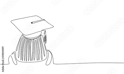 Graduation cap on student back view one line continuous illustration. Line art graduation education vector.