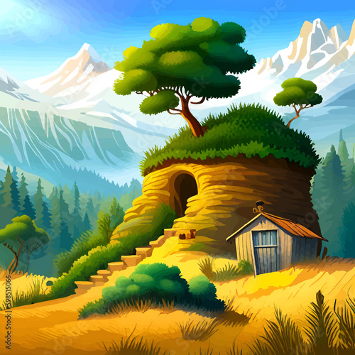 Vector illustration of a mountain landscape with a hut and a tree.