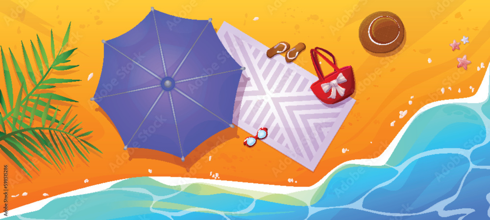 Beach top view with umbrella on sand near sea vector background for summer holiday illustration. Towel, bag, sunglasses and hat for travel to ocean. Tropical leisure summertime scene landscape.