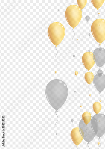 Silver Baloon Background Transparent Vector. Golden Art Ballon. Confetti Celebrate Set. Baloon Fest Frame. 