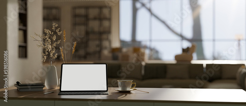 Wallpaper Mural Workspace with portable tablet mockup over blurred bright room in background. Torontodigital.ca