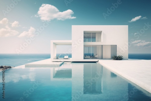 Minimalist White Villa with Pool: A Luxurious Residential Property. Generative AI ©  Creative_studio