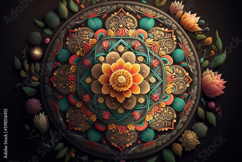 Intricate and Symmetrical Mandala with Easter Themed Elements such as Eggs, Bunnies, and Flowers. Generative AI