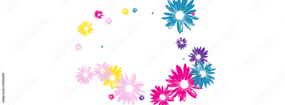 Colorful Flower Background White Vector. Flowers Graceful Card. Green Daisy Flourish. Flowering Period Textile. Childhood Yellow Petal.