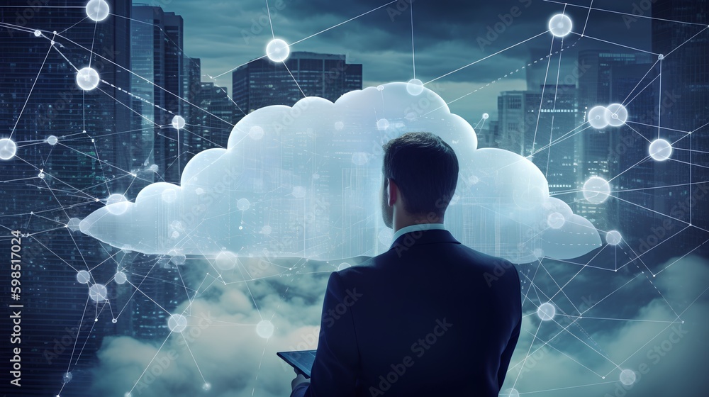 Business person stands in front of an abstract cloud infrastructure, visually representing the concept of modern cloud management and its impact on business operations and strategy. Generative AI Business person stands in front of an abstract cloud infrastructure, visually representing the concept of modern cloud management and its impact on business operations and strategy. Generative AI