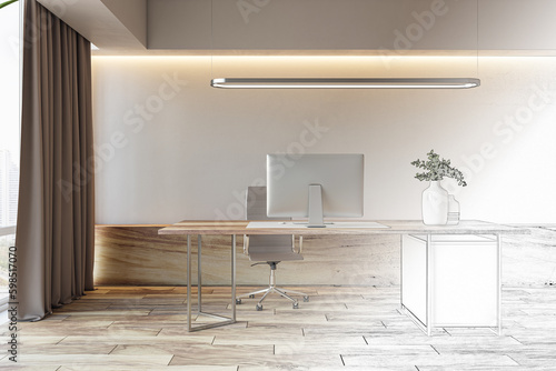 Drawing of modern concrete and wooden office interior with curtain, window with city view, workspace and furniture. Interior desigs concept. 3D Rendering. photo