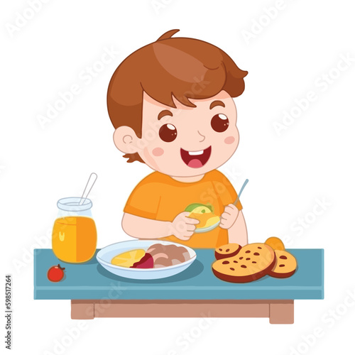 Cute little boy eating healthy food, milk, fruit, meat, vegetable cartoon flat character vector illustration