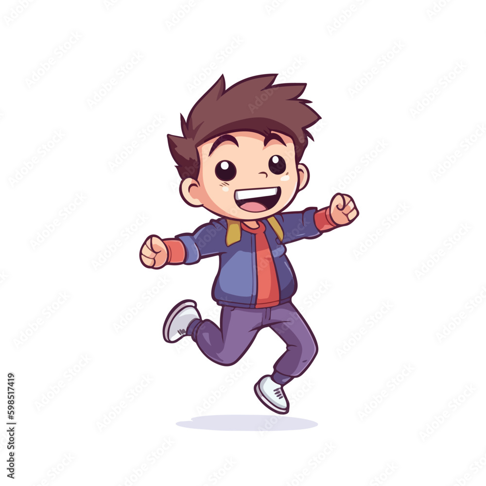 Cute happy little boy jump and rise hand cartoon flat character vector illustration Cute happy little boy jump and rise hand cartoon flat character vector illustration