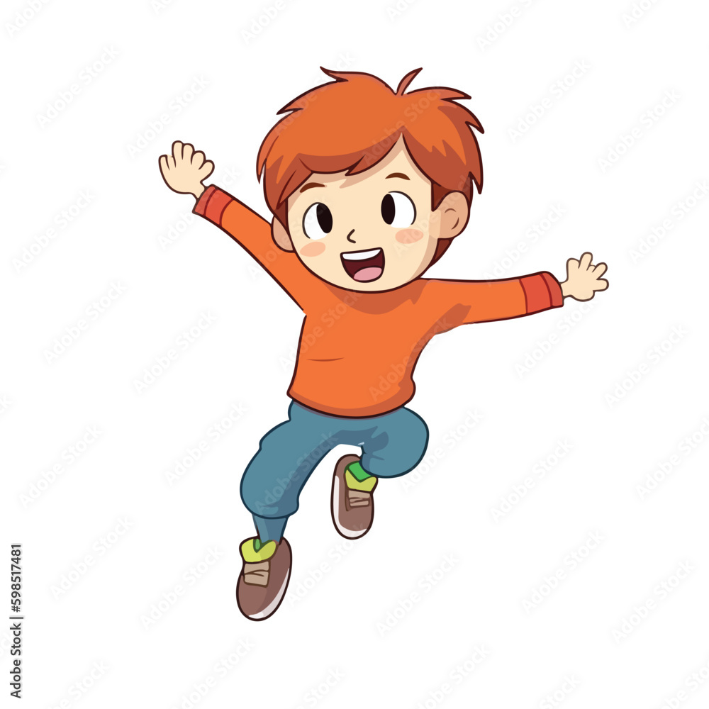 Cute happy little boy jump and rise hand cartoon flat character vector illustration Cute happy little boy jump and rise hand cartoon flat character vector illustration