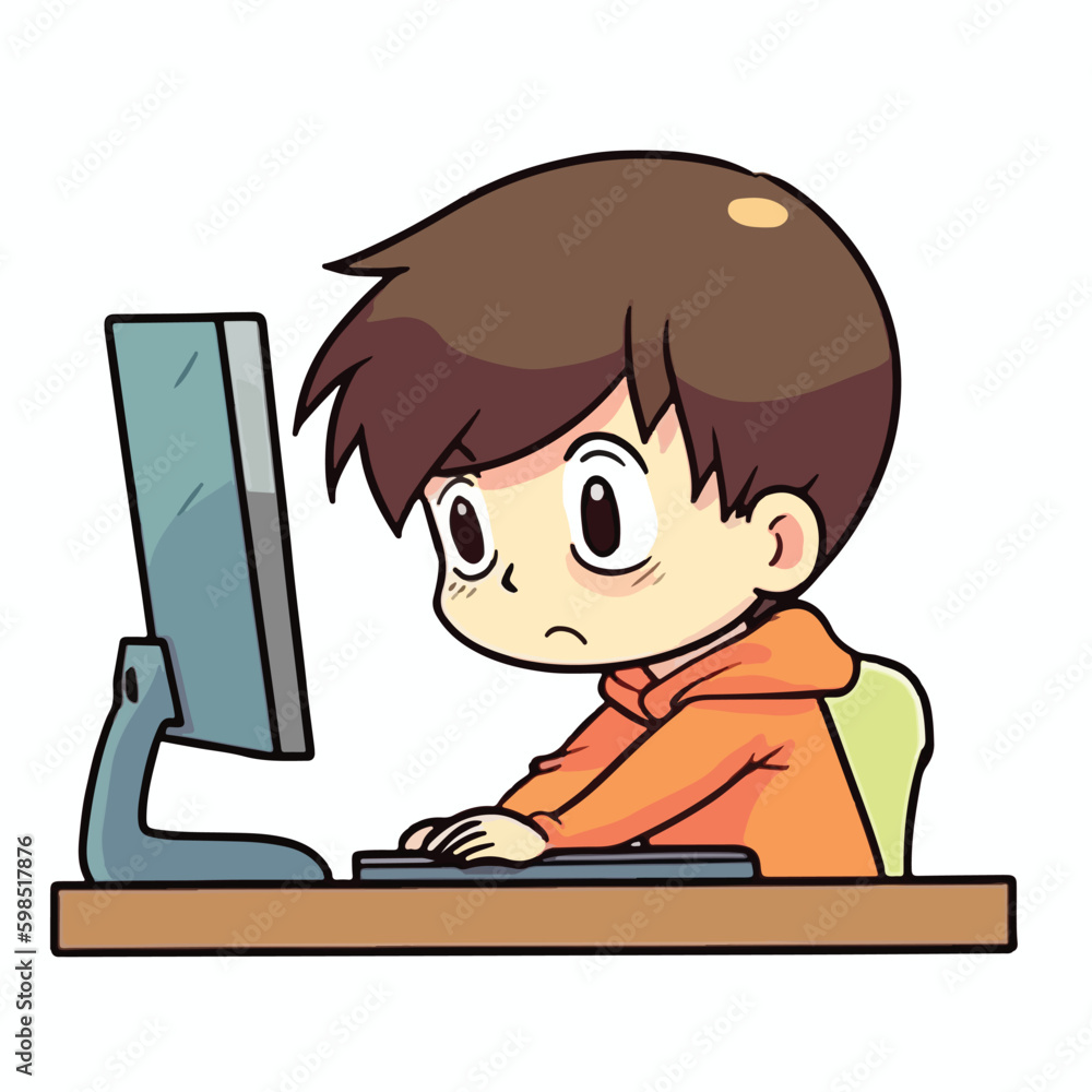 Cute little boy working and studying using computer desktop cartoon flat character vector illustration Cute little boy working and studying using computer desktop cartoon flat character vector illustration