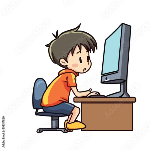 Cute little boy working and studying using computer desktop cartoon flat character vector illustration