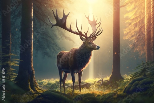 A Noble Horned Deer in the Forest at Dawn. Generative AI
