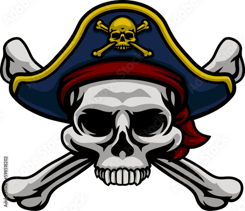 A pirate skull and crossbones jolly roger grim reaper cartoon wearing captain a hat and eye patch