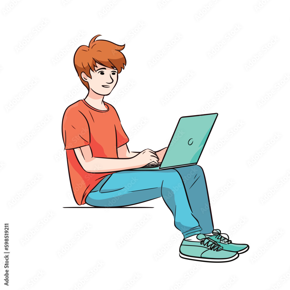 Cute little boy working and studying using laptop cartoon flat character vector illustration Cute little boy working and studying using laptop cartoon flat character vector illustration