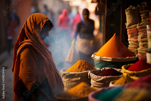 Vibrant marketplace with exotic spices and textiles on display photo