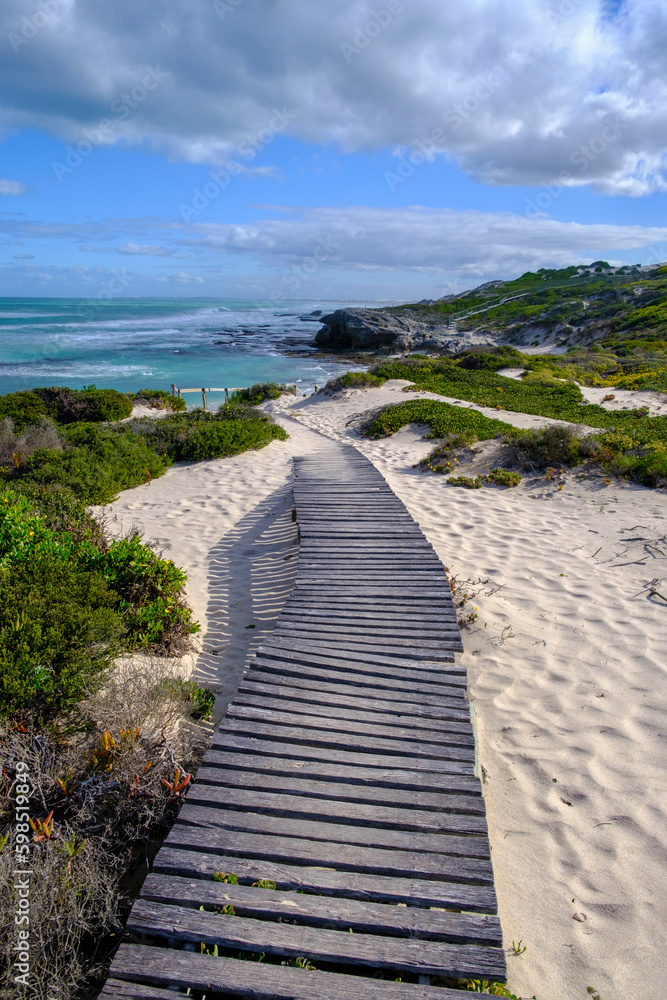 South Africa, Western Cape Province, Boardwalk stretching along sandy beach in De Hoop Nature Reserve South Africa, Western Cape Province, Boardwalk stretching along sandy beach in De Hoop Nature Reserve