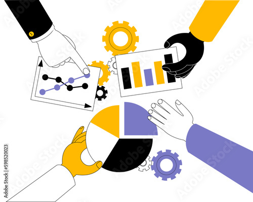 The hands of the team of analysts work with data in the form of various graphs. Funny vector illustration on the topic of business analysis and group work. Generative AI