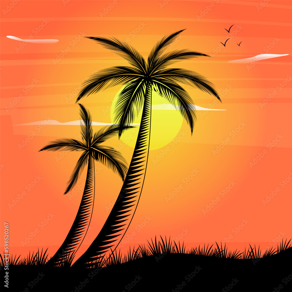 A sunset with two palm trees on the beach
