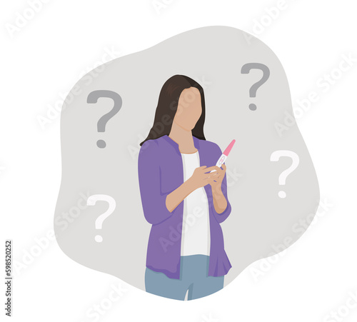 Pregnant girl woman with test unplanned pregnancy positive test illustration