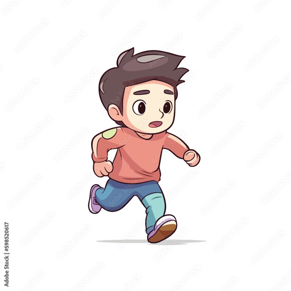 Cute little boy run and happy cartoon flat character vector illustration