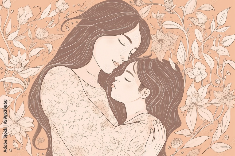 A touching hand-drawn illustration for Mother's Day featuring a mother tenderly cradling her baby in her arms, both of them wearing warm smiles, the mother's eyes filled with love, Generative AI A touching hand-drawn illustration for Mother's Day featuring a mother tenderly cradling her baby in her arms, both of them wearing warm smiles, the mother's eyes filled with love, Generative AI