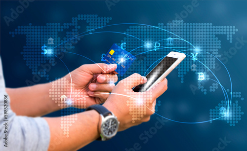 Businessmen connect with trade, banking and finance all over the world through online systems.