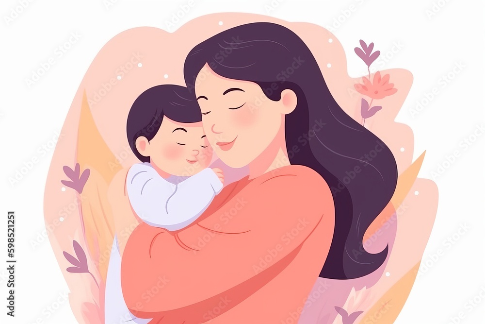 happy mothers day vector, beautiful mother and daughter character hand drawn chibi cartoon art illustration, parent and child with white background, parent and child, mother and baby, Generative AI