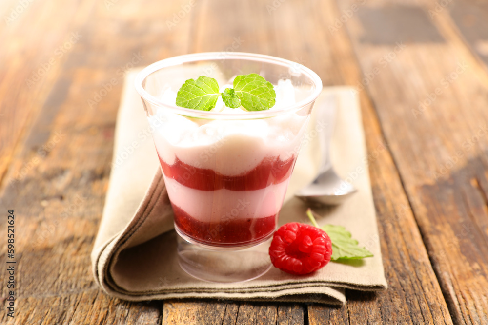 Raspberry fruit dessert with cream Raspberry fruit dessert with cream