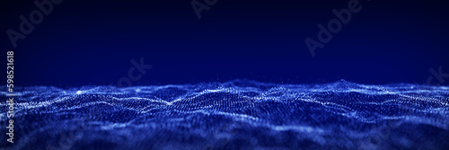 Dynamic blue particle wave. Futuristic point wave. Flow digital structure. Data technology background. 3D rendering