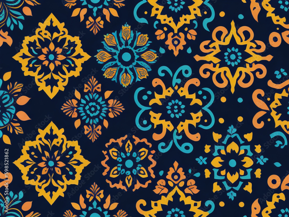 Seamless pattern with floral motifs in blue and yellow colors. AI generated. Seamless pattern with floral motifs in blue and yellow colors. AI generated.