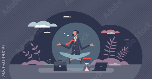 Stress management for businessman as emotional thoughts control tiny person concept. Relaxation and calm attitude at work with mental yoga or meditation technique vector illustration. Generative AI