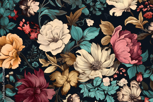 Abstract seamless floral pattern with flowers background. Multicolor seamless floral ornament fabric, textile, retro baroque style flowers with leaf decor, generative AI
