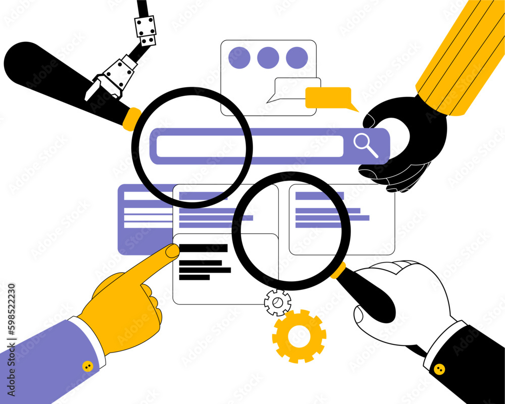 A human hand and a robotic arm with magnifying glasses are looking for errors in a mobile application. Vector illustration on the topic of mobile development and testing. Horizontal Generative AI A human hand and a robotic arm with magnifying glasses are looking for errors in a mobile application. Vector illustration on the topic of mobile development and testing. Horizontal Generative AI