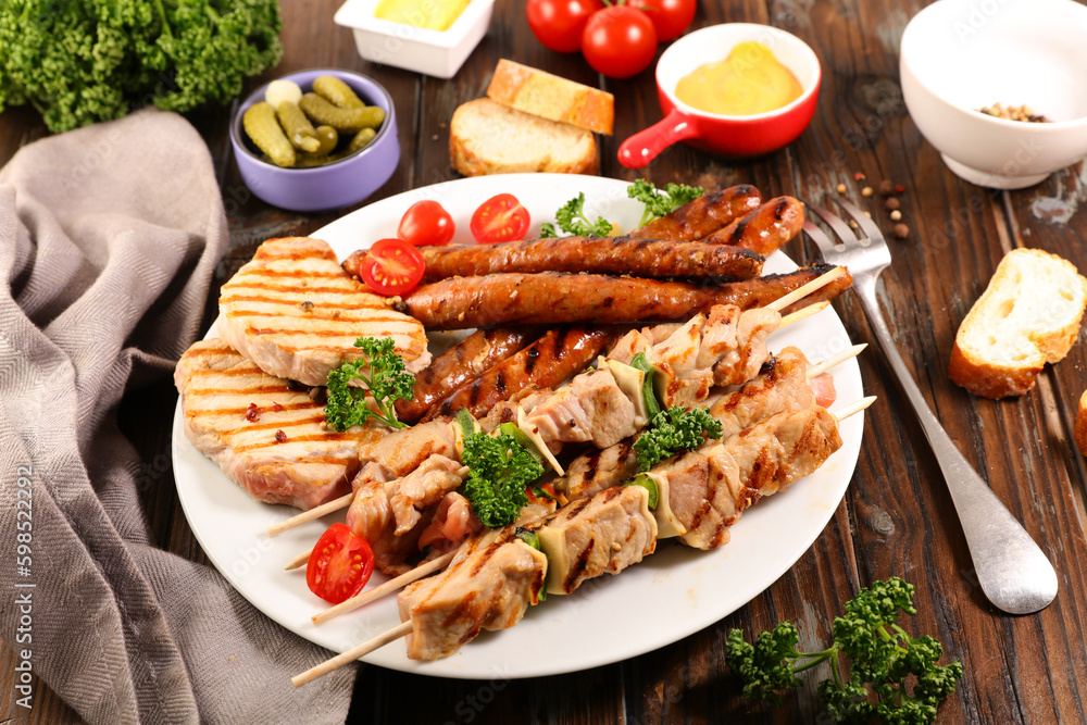 grilled meats- barbecue- pork meat, skewer, sausage grilled meats- barbecue- pork meat, skewer, sausage