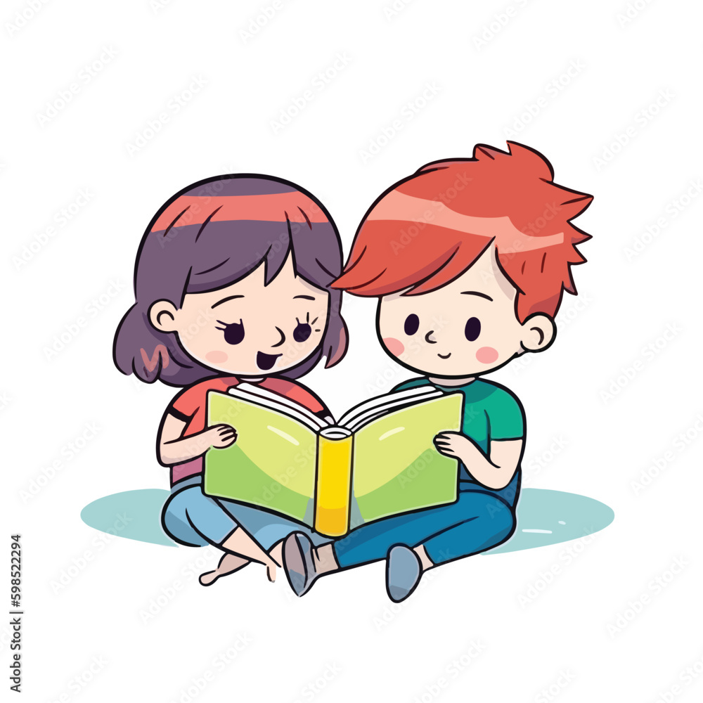 Cute little smart girl and boy sitting and reading book together cartoon flat character vector illustration Cute little smart girl and boy sitting and reading book together cartoon flat character vector illustration
