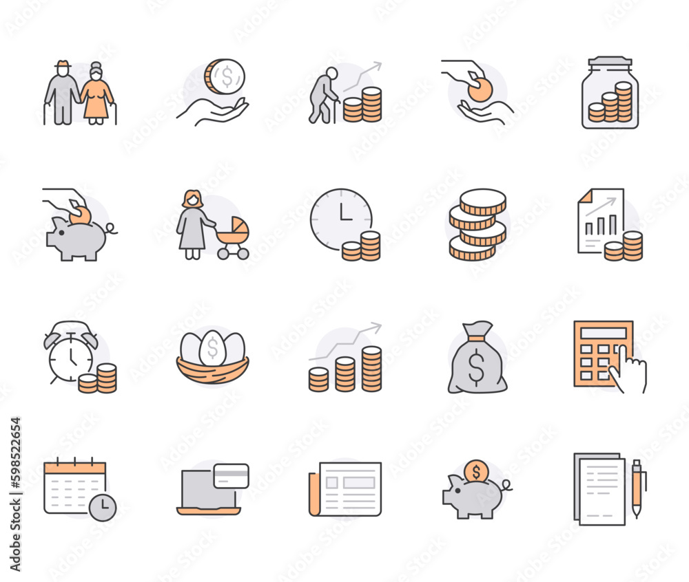 Retirement plan flat line icons set. Pension payment, money deposit ...