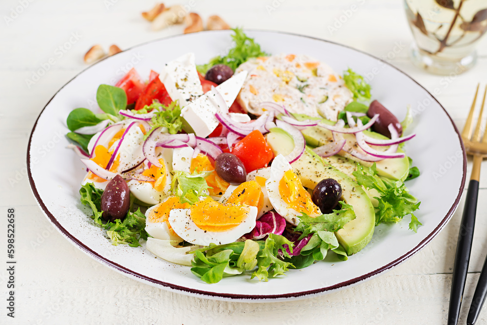 Chicken meatloaf and fresh vegetable salad of tomato, avocado, eggs, lettuce and feta cheese. Ketogenic, keto diet. Chicken meatloaf and fresh vegetable salad of tomato, avocado, eggs, lettuce and feta cheese. Ketogenic, keto diet.